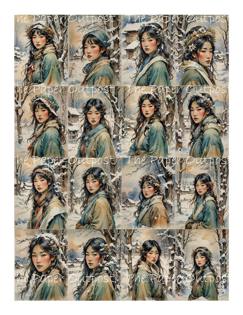 May include: A digital collage of twelve images featuring women with long dark hair wearing winter clothing and floral crowns. The women are set against a snowy winter background with trees and houses.