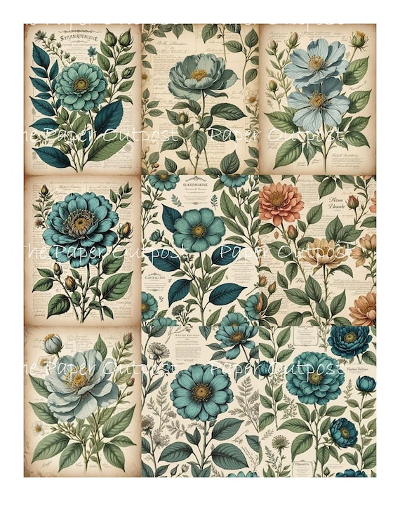 RETRO FLOWERS Digikit Printable Image retro flower, flora, blue orange flowers  ThePaperOutpost Pam at Paper Outpost botanical, nature flora