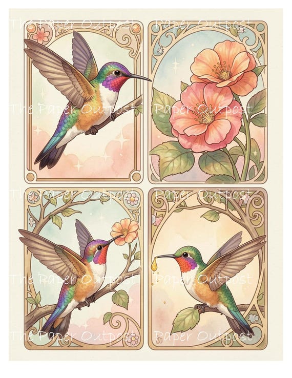 Happy Hummingbird Digikit Printable Images birds humming bird, hummingbirds, birds flowers, nature, botanical digital download Paper Outpost