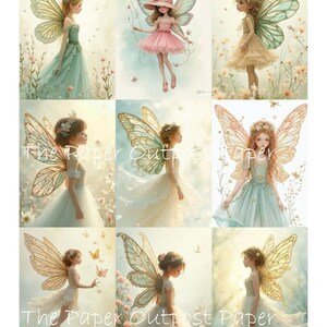 May include: Nine illustrations of fairies with detailed wings and flowing dresses. The fairies are depicted in various poses, with soft color palettes of pastels and earth tones. The text "The Paper Outpost Paper" is visible in the image.