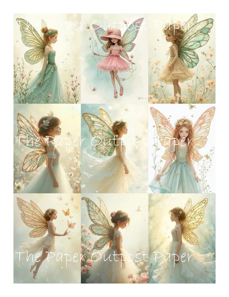 May include: Nine illustrations of fairies with detailed wings and flowing dresses. The fairies are depicted in various poses, with soft color palettes of pastels and earth tones. The text "The Paper Outpost Paper" is visible in the image.