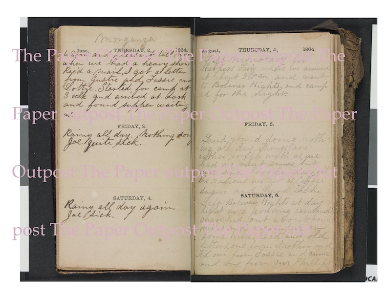 Puede incluir: Un diario antiguo abierto con p&aacute;ginas amarillentas que presentan entradas manuscritas en tinta cursiva fechadas en junio y agosto de 1864. La p&aacute;gina izquierda incluye entradas para el jueves 2, viernes 3 y s&aacute;bado 4 de junio. La derecha muestra el 4, 5 y 6 de agosto.