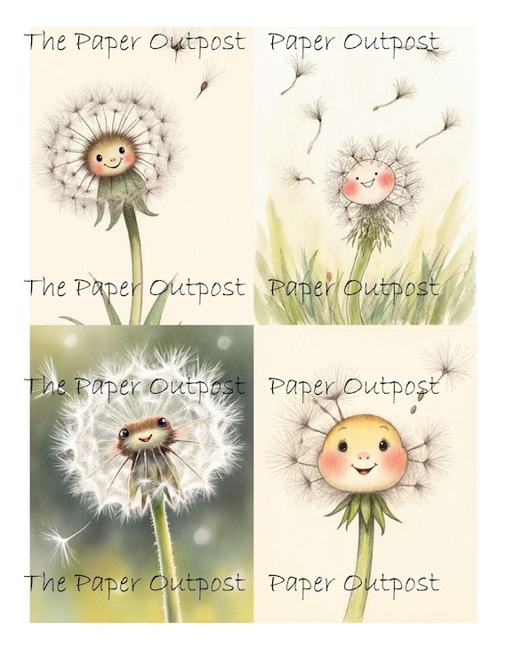 Dolly Dandelion Digikit Printable Images  whimsical anthropomorphic dandelions, nature, botanical digital download Paper Outpost