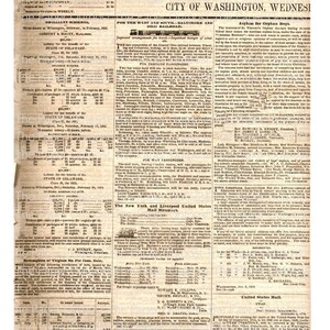 May include: A black and white newspaper clipping from February 17, 1853, with the headline "City of Washington, Wednesday". The article discusses the Baltimore and Ohio Railroad, the Asylum for Orphan Boys, and the State of Delaware Lottery.