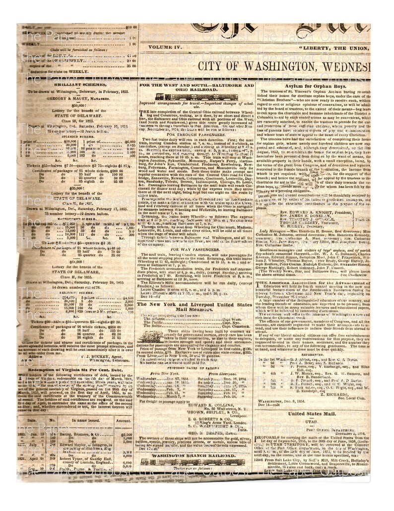 May include: A black and white newspaper clipping from February 17, 1853, with the headline "City of Washington, Wednesday". The article discusses the Baltimore and Ohio Railroad, the Asylum for Orphan Boys, and the State of Delaware Lottery.