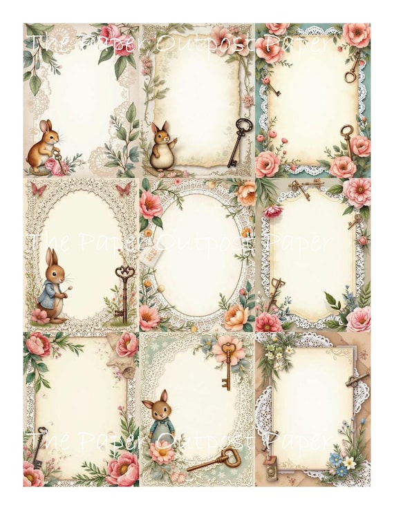 PRETTY JOURNAL CARDS Digikit Printable Image flower, lace, old keys, framed pages, labels, invitations  ThePaperOutpost Pam at Paper Outpost