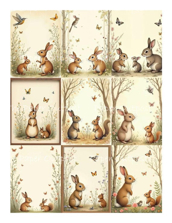 HAPPY BUNNY Digikit Printable Image bunnies, rabbit, rabbit, squirrel, bird animals forest meadow ThePaperOutpost Pam at Paper Outpost