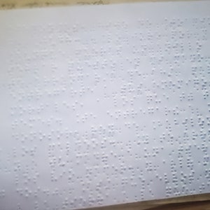 以下が含まれることがあります： 表面全体に点字と呼ばれるパターンで盛り上がった点が付けられた白い紙。紙の左端に一列の穴が開いている。