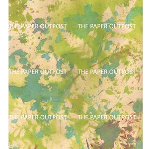 May include: Abstract watercolor painting with green, blue, and red splotches on a beige background. The text "THE PAPER OUTPOST" is repeated throughout the image.