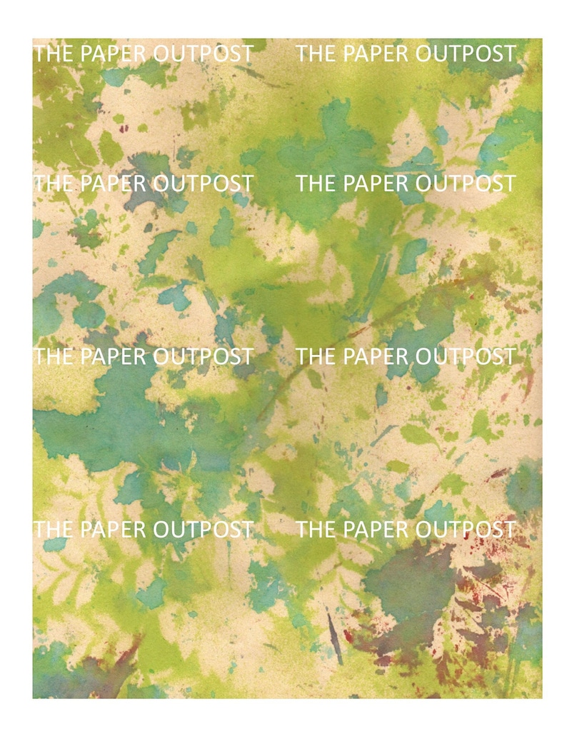 May include: Abstract watercolor painting with green, blue, and red splotches on a beige background. The text "THE PAPER OUTPOST" is repeated throughout the image.