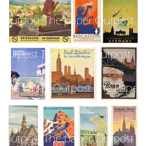 May include: A collection of vintage travel posters featuring destinations in Germany, Austria, and Switzerland. The posters are colorful and feature illustrations of landmarks, cities, and landscapes. The posters are in German and English.
