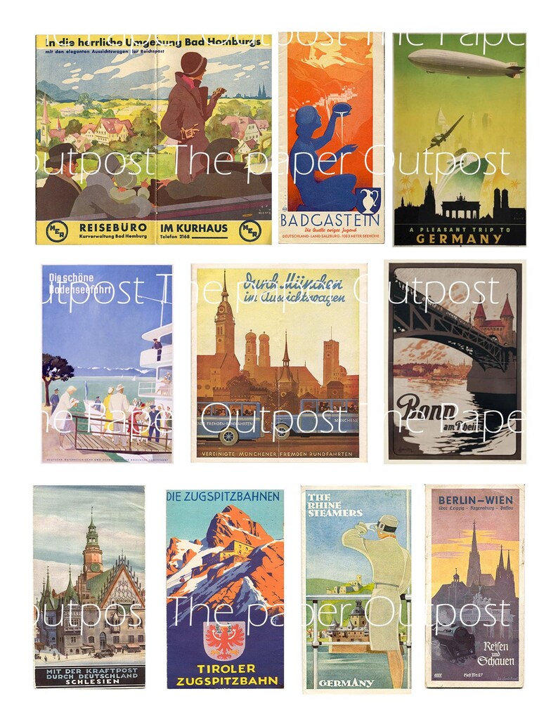 May include: A collection of vintage travel posters featuring destinations in Germany, Austria, and Switzerland. The posters are colorful and feature illustrations of landmarks, cities, and landscapes. The posters are in German and English.
