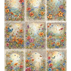 May include: Nine digital collage sheets featuring a whimsical floral design with butterflies, stars, and a light blue sky. The floral design includes orange, pink, blue, and yellow flowers.