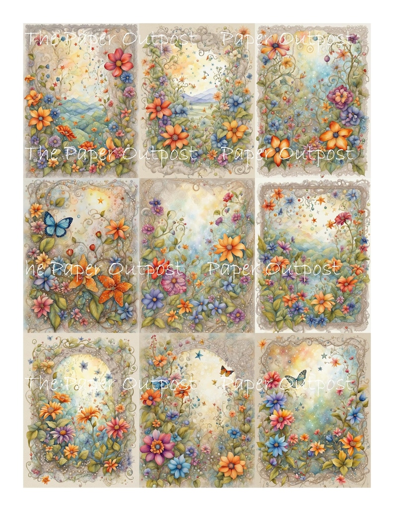 May include: Nine digital collage sheets featuring a whimsical floral design with butterflies, stars, and a light blue sky. The floral design includes orange, pink, blue, and yellow flowers.