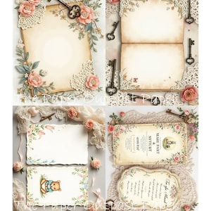 May include: A collage of vintage-style paper ephemera with floral and key motifs. The designs include aged paper backgrounds, lace trim, and illustrations of roses and a teddy bear. The text "The Paper Outpost" is visible.