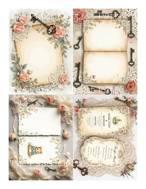 PRETTY JOURNAL CARDS Digikit Printable Image flower, lace, old keys, framed pages, labels, invitations  ThePaperOutpost Pam at Paper Outpost