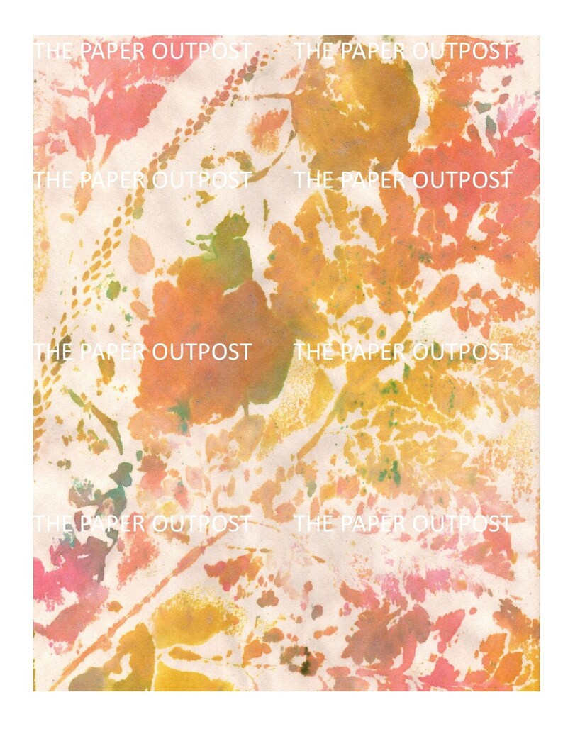 May include: Abstract watercolor painting with a light beige background and overlapping layers of yellow, orange, pink, and green paint. The paint appears to be splattered and layered, creating a textured effect.