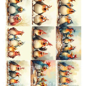 May include: A sheet of paper featuring nine panels of cartoon birds with exaggerated expressions. The birds are in various colors, including blue, orange, and red. The text "The Paper Outpost" is visible in the image.