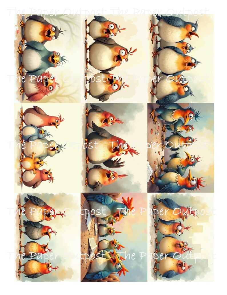 May include: A sheet of paper featuring nine panels of cartoon birds with exaggerated expressions. The birds are in various colors, including blue, orange, and red. The text "The Paper Outpost" is visible in the image.