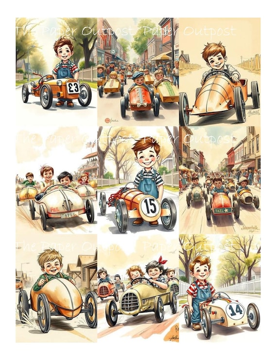 SOAP BOX DERBY Digikit digital printable digital soap box derby, boy, car, Norman Rockwell style ThePaperOutpost paper outpost shop pam