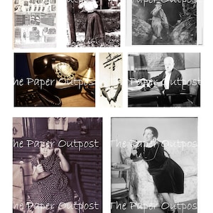 May include: A collage of vintage black and white photographs featuring people using rotary dial telephones. The images show a woman in a dress talking on the phone, a man sitting at a desk with a phone, and a young girl holding a phone. The text "The Paper Outpost" appears in the bottom corners of each image.