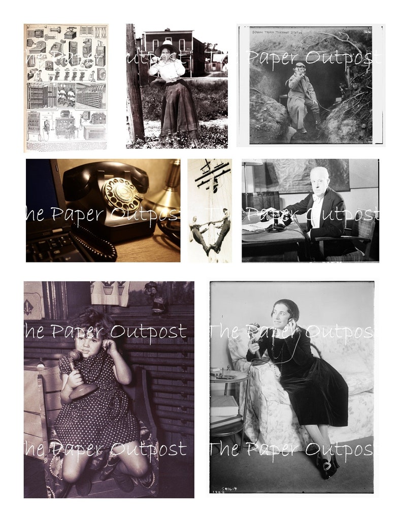 May include: A collage of vintage black and white photographs featuring people using rotary dial telephones. The images show a woman in a dress talking on the phone, a man sitting at a desk with a phone, and a young girl holding a phone. The text "The Paper Outpost" appears in the bottom corners of each image.