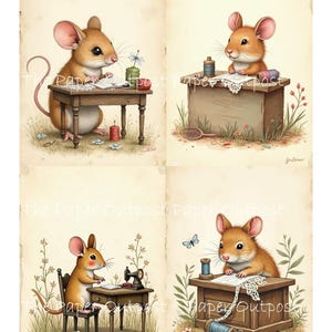 May include: Four-panel print featuring adorable cartoon mice engaged in crafting activities. Each mouse is depicted with sewing supplies, including spools of thread, lace, and a sewing machine, set against a vintage paper background. The Paper Outpost text is visible.