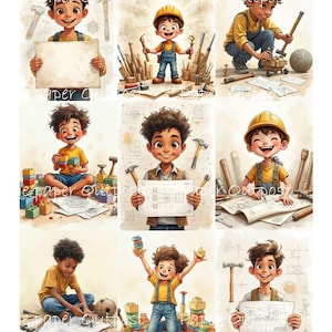 May include: A collage of illustrations featuring children as builders. Each child is depicted with tools, blueprints, and building blocks, wearing yellow shirts and denim overalls. The images have a watercolor style with the text "Paper Outpost" in the corners.