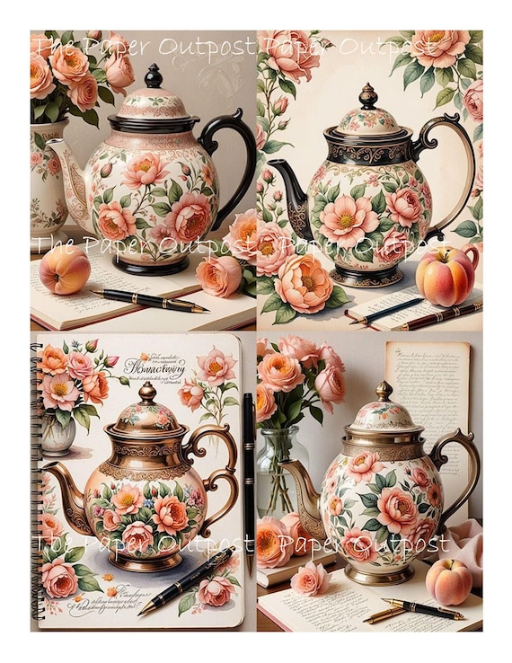 Teapots and Teacups Digikit, Printable teapot, tea cup, tea and journal Images (Digital Download)