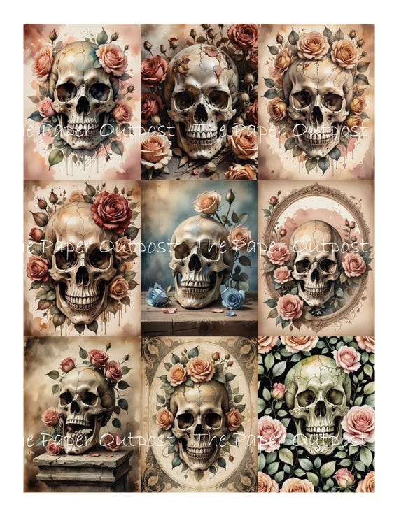SKULL and  ROSES Digikit digital printable skull and roses, skulls,  skulls and roses, vintage skull ThePaperOutpost paper outpost shop pam