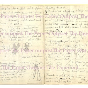 Puede incluir: Un diario vintage abierto con dos p&aacute;ginas de notas manuscritas en cursiva y bocetos a tinta de varios dise&ntilde;os de prendas, incluyendo vestidos, cuellos y mangas, con descripciones detalladas de telas, adornos y siluetas en tinta negra.