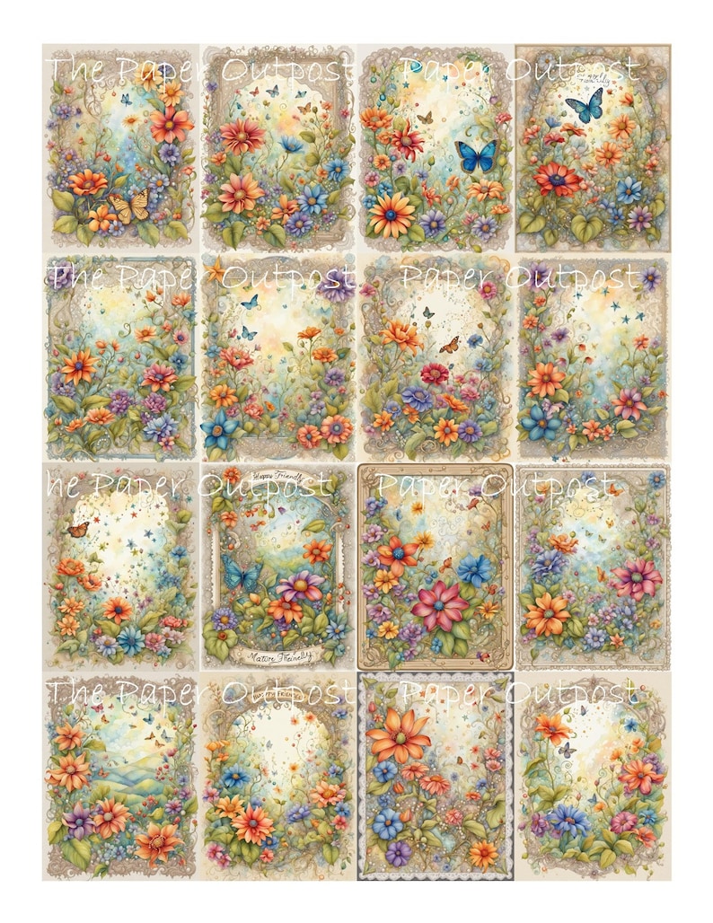 May include: A set of 12 digital scrapbook paper designs featuring floral patterns with butterflies. The papers have a vintage aesthetic with a light beige background and ornate borders. The text "The Paper Outpost" appears on several of the papers.