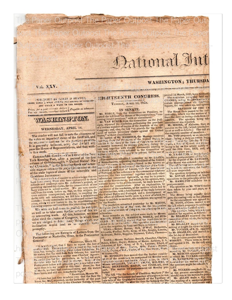 May include: A black and white newspaper clipping from the National Intelligencer, dated April 14, 1824, with the headline "WASHINGTON" and the subheading "WEDNESDAY, APRIL 14". The article discusses the tariff bill and the dry docks project.