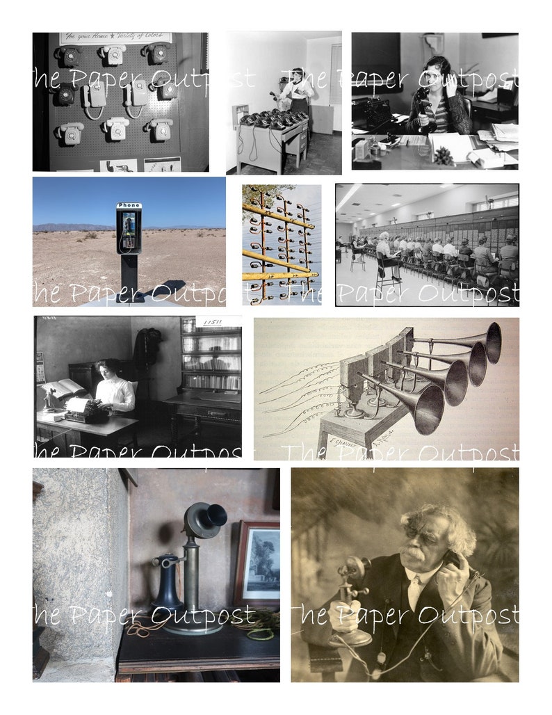 May include: A collage of vintage images showcasing the evolution of the telephone. The images include a wall of rotary dial phones, a payphone in a desert landscape, a group of people using switchboard phones, a drawing of a telephone with multiple receivers, a woman using a typewriter, and a man using a vintage rotary dial phone.