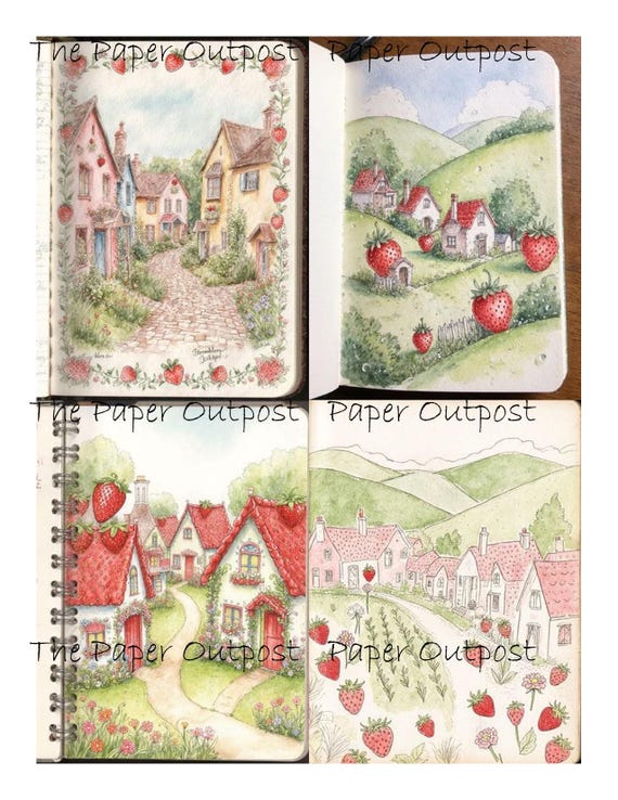 Strawberry Cottage Digikit Printable Images berry, berries, fruit, whimsical strawberry village digital download Paper Outpost