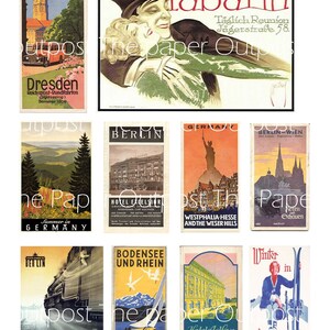 May include: A collage of vintage travel posters advertising destinations in Germany. The posters feature images of cities, landscapes, and transportation, with text in German and English. Some of the destinations include Berlin, Dresden, Bodensee und Rhein, and Westphalia-Hesse and the Weser Hills.