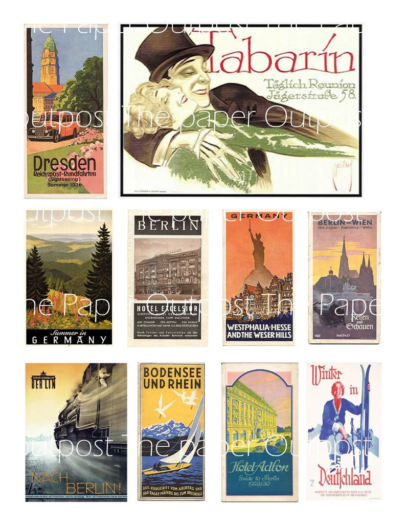 May include: A collage of vintage travel posters advertising destinations in Germany. The posters feature images of cities, landscapes, and transportation, with text in German and English. Some of the destinations include Berlin, Dresden, Bodensee und Rhein, and Westphalia-Hesse and the Weser Hills.