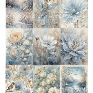 May include: A collage of nine watercolor paintings featuring delicate flowers in shades of blue, white, and beige. The images include a fairy with wings, a bird, and a landscape with a lake.
