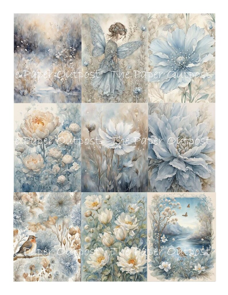May include: A collage of nine watercolor paintings featuring delicate flowers in shades of blue, white, and beige. The images include a fairy with wings, a bird, and a landscape with a lake.