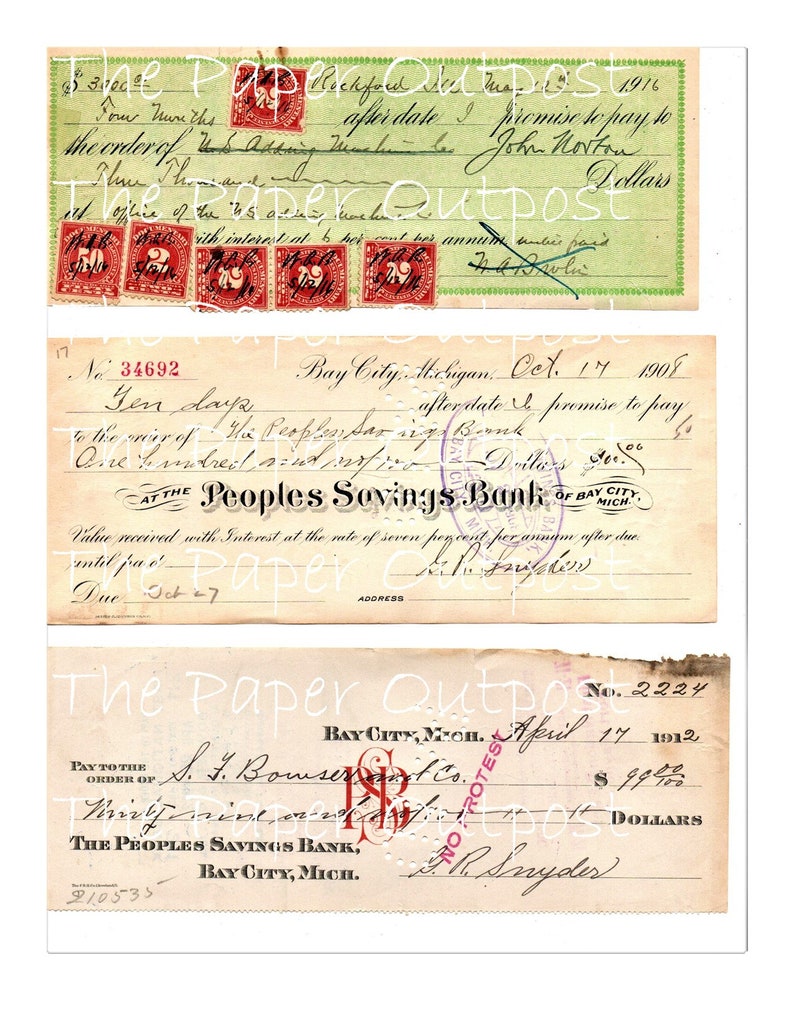 May include: Three vintage promissory notes from The Peoples Savings Bank in Bay City, Michigan. The notes are dated October 17, 1908, April 17, 1912, and 1916. The notes are printed on yellowed paper with handwritten details in black ink.