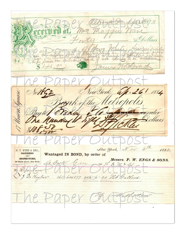May include: A vintage receipt from The Paper Outpost dated November 6th, 1882. The receipt is for a shipment of goods, likely lumber, that was wanted in bond by order of Messrs. P. W. Engs & Sons. The receipt is signed by J. De Mapper.