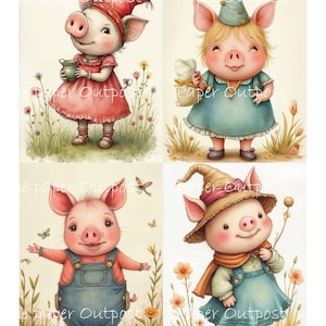 Peut inclure: Quatre illustrations fantaisistes de cochons anthropomorphes dans diverses tenues. Un cochon porte une robe et un chapeau rouges, un autre une robe bleue et un chapeau de fête, un troisième une salopette et le dernier un chapeau de sorcier et une écharpe. Le texte "Paper Outpost" est visible.