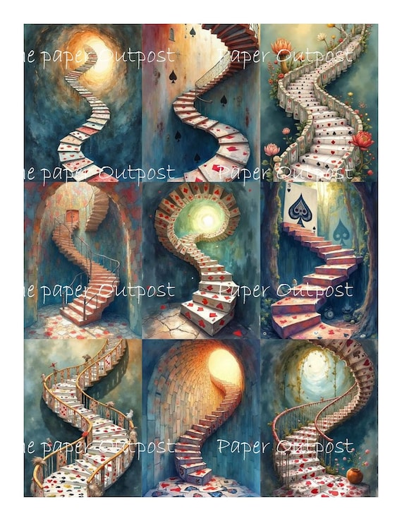 SPIRAL STAIRCASE Digikit printable digital beautiful fantasy playing card staircases stair case ThePaperOutpost paper outpost shop pam