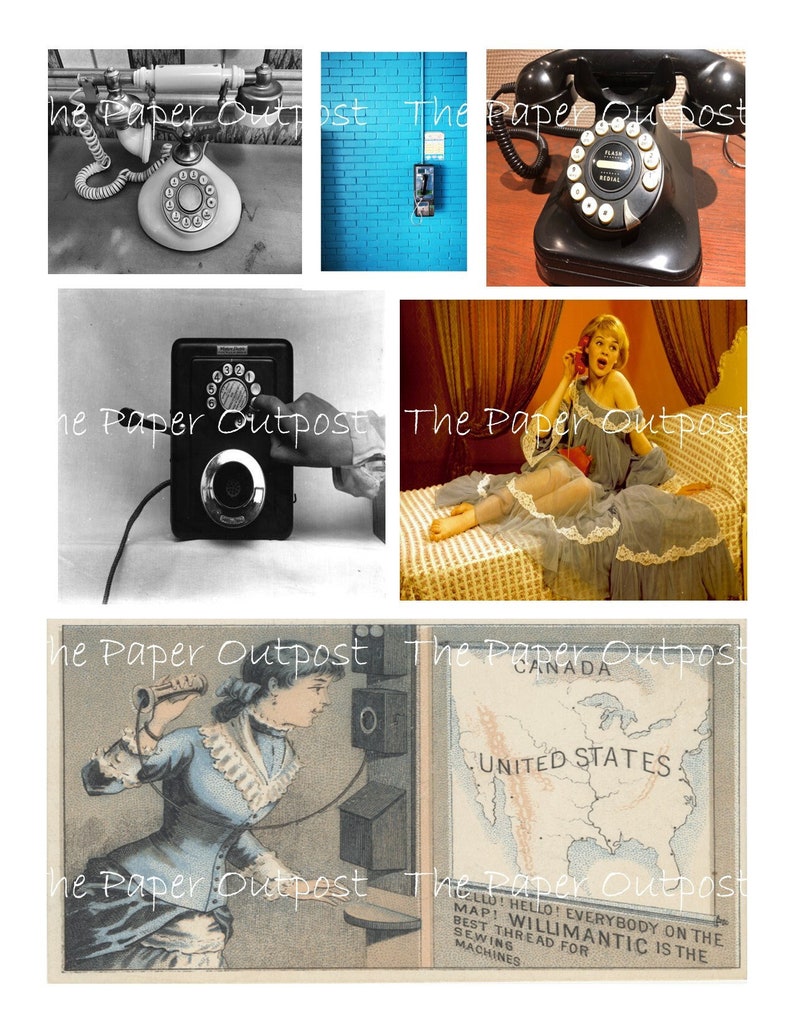 May include: A collage of vintage images featuring rotary dial telephones. The images include a black and white photo of a rotary dial phone, a blue wall with a payphone, a black rotary dial phone, a black and white photo of a rotary dial phone on a wall, a woman on a bed talking on a rotary dial phone, and a vintage advertisement for a sewing machine with a map of the United States and Canada.