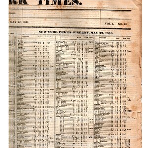 May include: A black and white newspaper page from May 22, 1834, titled "RK TIMES." The page lists prices for various goods, including articles, fruit, grain, and spirits. The newspaper is from New York City.