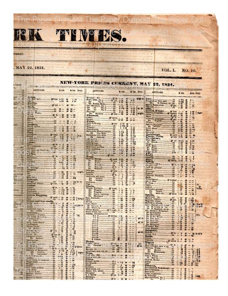 May include: A black and white newspaper page from May 22, 1834, titled "RK TIMES." The page lists prices for various goods, including articles, fruit, grain, and spirits. The newspaper is from New York City.