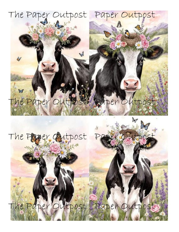 Jersey Cows Digikit Printable Images pretty cow, cow with floral wreath download The Paper Outpost