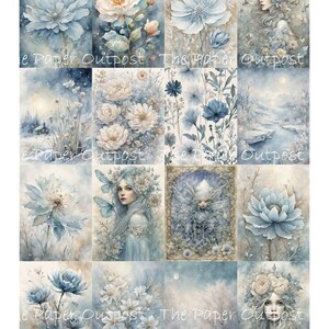 May include: A digital collage of 12 images featuring a whimsical, ethereal theme. The images depict delicate blue and white flowers, fairies, and snowy landscapes. The images are arranged in a grid pattern and are surrounded by a white border.