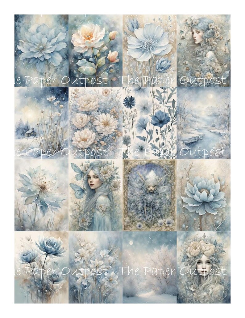 May include: A digital collage of 12 images featuring a whimsical, ethereal theme. The images depict delicate blue and white flowers, fairies, and snowy landscapes. The images are arranged in a grid pattern and are surrounded by a white border.