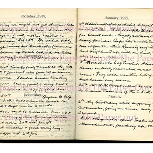 Puede incluir: Un diario antiguo abierto con p&aacute;ginas de color crema que presenta entradas manuscritas en tinta cursiva fechadas desde octubre de 1914 hasta marzo de 1915. El texto documenta eventos personales, viajes y observaciones de la vida diaria.